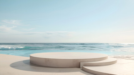 Obraz premium A minimalistic podium on a sandy beach, ideal for product displays, with a serene ocean and clear sky in the background This setup is perfect for summer themed promotions and advertisements 
