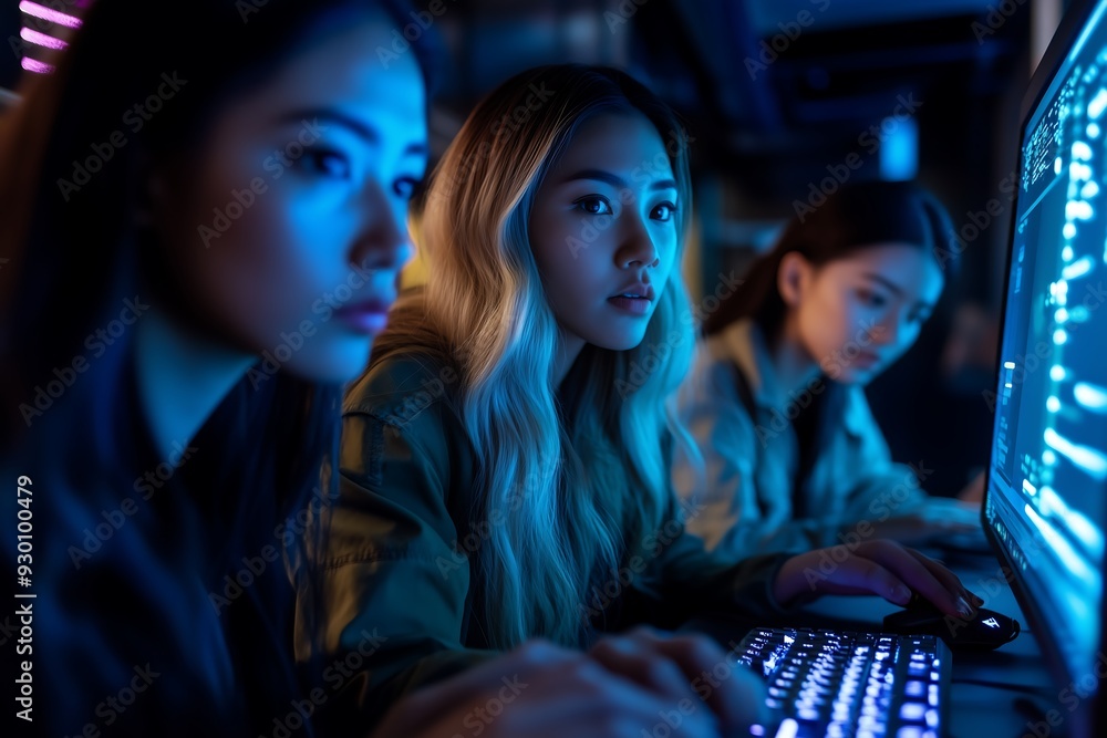 Poster multiethnic diverse female cyber security analyst team analysing ai cyberspace threats on computer i