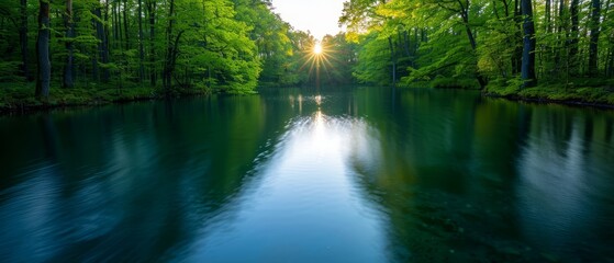 Fototapeta premium A tranquil body of water, encircled by trees, forms a serene border to the adjoining forest Sunlight filters through the canopy, illuminating the
