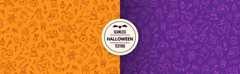 Halloween doodle hand drawn seamless pattern. Cute background with illustration of pumpkins, ghost, skulls, candy, bats and other creative thematic elements. Texture for wallpaper, print, fabric.