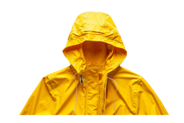 A bright yellow raincoat isolated on a white background, showcasing its waterproof design