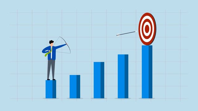 Business challenge to achieve higher target, 4k animation of businessman aiming for high returns with his bow and arrow.