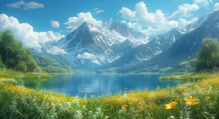 Obraz premium Beautiful Alpine Landscape, Flowers, Lake and Mountains