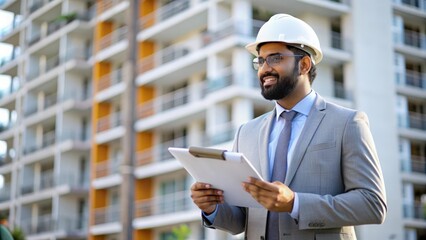 Indian Property Investor at New Development - Investor visiting a new real estate development, evaluating progress.
