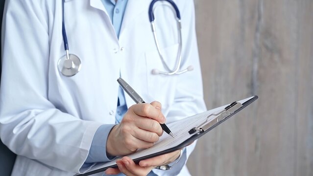 Healthcare professional doctor writing medical records on a clipboard. Female unrecognizable physician at work. Medicine and pharmacy