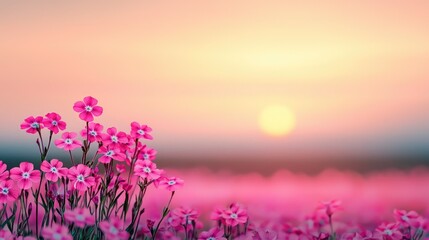 A serene landscape featuring vibrant pink flowers under a soft sunset, creating a peaceful and tranquil atmosphere.