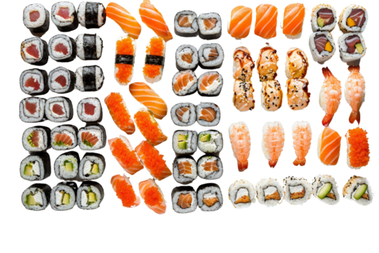 A variety of sushi food groups such as rolls, nigiri, and sashimi, isolated on a clean white background, perfect for sushi-themed imagery