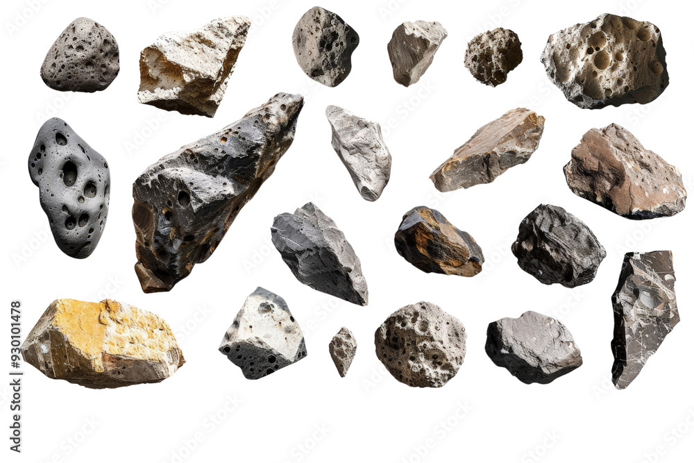 Poster array of asteroids and meteorites isolated on a white background, presenting their different shapes 
