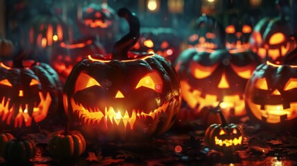 A group of halloween lanterns are gathered together, each with a glowing face.