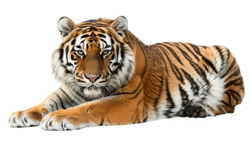 Fototapeta premium Asian Bengal tiger with a penetrating gaze, looking at the camera, isolated on a white background, featuring its striking orange and black fur in vivid detail