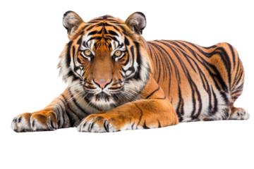 Asian Bengal tiger with a penetrating gaze, looking at the camera, isolated on a white background, featuring its striking orange and black fur in vivid detail