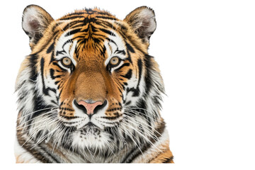 Fototapeta premium Asian Bengal tiger's face in a detailed close-up, looking straight at the camera, isolated on a white background, capturing its fierce expression and elegant markings