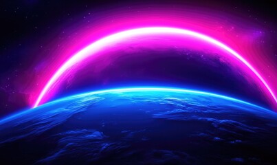 Fototapeta premium A vibrant cosmic landscape showcasing a glowing horizon with vivid pink and blue hues against a starry backdrop.