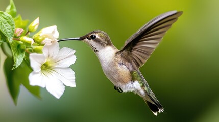Fototapeta premium A vibrant hummingbird gracefully hovers near a delicate flower, showcasing nature's beauty and the harmony of wildlife.