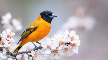 Fototapeta premium A vibrant orange bird perched on a blooming branch, showcasing the beauty of nature and spring's arrival.