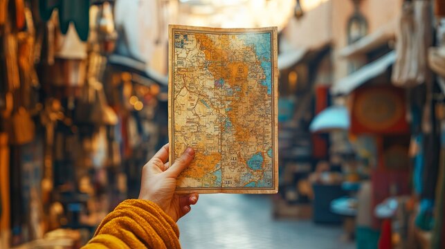 A close-up of a hand holding a detailed tourist map in the vibrant streets of Marrakech, with colorful market stalls and traditional architecture enveloping the scene in warm, natural light
