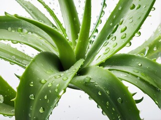 Fototapeta premium A close-up of fresh aloe vera leaves with droplets of soothing gel, set against a bright white background, ideal for skin-care or recovery wellness products. Made with generative AI technology