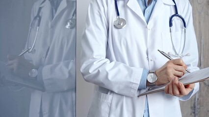 Healthcare professional doctor writing medical records on a clipboard. Female unrecognizable physician at work. Medicine and pharmacy