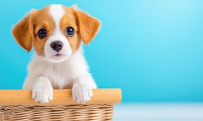 Adorable puppy peeking over a basket against a bright blue background. Perfect for pet lovers and animal-themed projects.