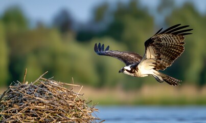 An osprey in flight, soaring above its nest, showcasing the beauty of nature and wildlife in a serene outdoor setting.