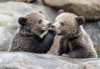 Obraz premium Bear cubs climbing on or playfully wrestling with their mother, emphasizing the playful side of wildlife