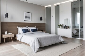 Modern Minimalist Bedroom with White Bed and Wooden Headboard
