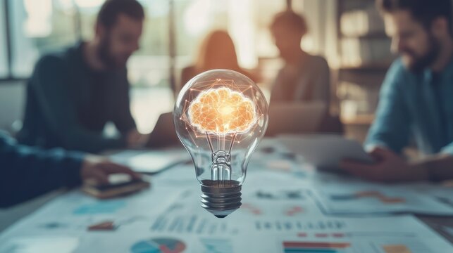 Creative Collaboration at the Work Desk with Brain Bulbs on, Representing Innovative Ideas and Dynamic Team Synergy