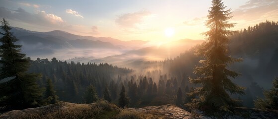 Fototapeta premium A sunrise painting over mountain ranges, forests in foreground, foggy background