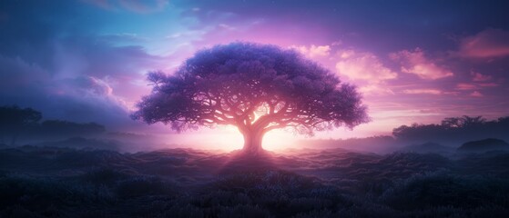 Fototapeta premium A solitary tree in the field, against a backdrop of a purplish sky, dotted with clouds closer at hand