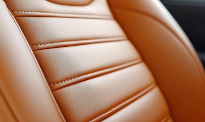 Close-up of a luxurious orange leather car seat, showcasing its stitching and texture in a modern vehicle interior.