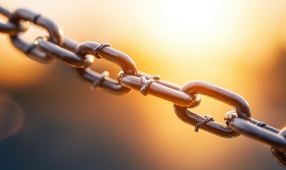 Obraz premium Close-up of a metallic chain glistening in the sunlight, symbolizing strength, connection, and resilience against a sunset backdrop.