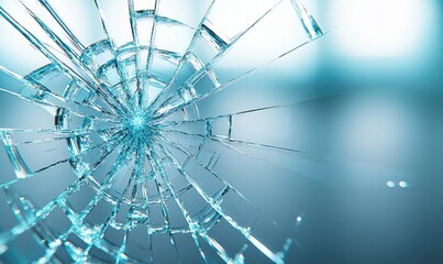 Obraz premium Close-up view of a shattered glass surface with intricate patterns and a soft blue background, highlighting fractures and reflections.