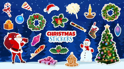 Cartoon Christmas stickers for winter holiday and New Year, vector icons. Christmas Santa with gifts bag, snowman and gingerbread cookie, fireworks and petards with Xmas tree and decoration stickers
