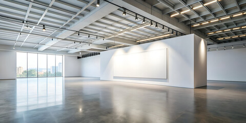 Fototapeta premium Minimalist modern gallery space with a large, blank white wall, display or design presentations canvas 