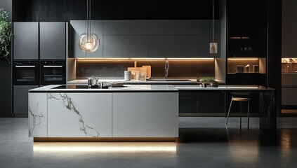 Modern kitchen with marble island and black cabinets.