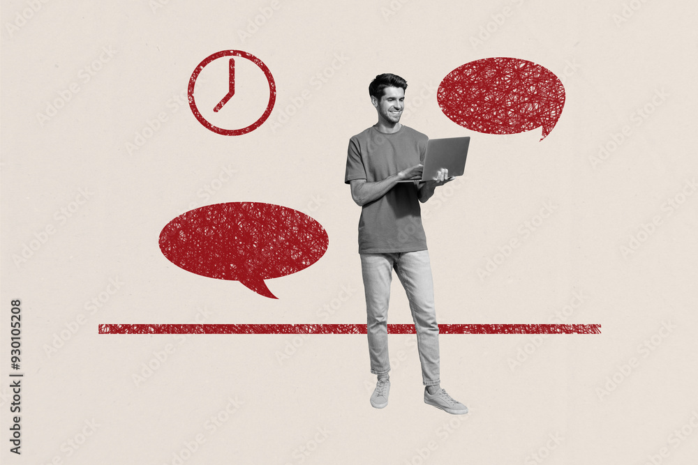 Aufkleber composite photo collage of happy man hold laptop deadline correspondence text box speech time manage