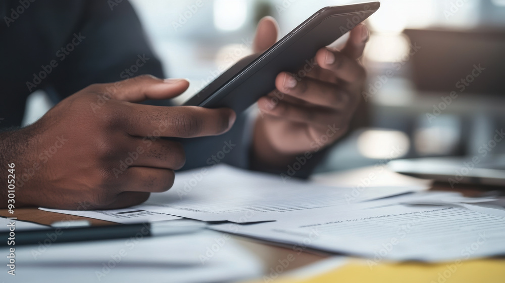 Poster close-up of hands using a smartphone to capture a high-resolution image of important paperwork on a 