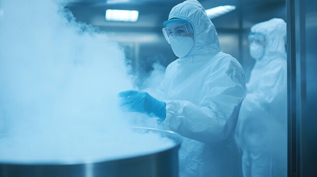 Unrecognizable woman scientist in protective suit work with cryogenic storage of liquid nitrogen. Temperature controlled tank for collect sperm, Frozen stem cells in containers. Cryogenic container wi