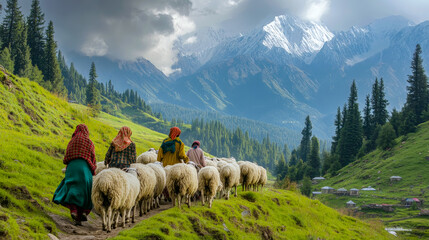 Shepherds walking through the grass with their flock of sheep in the himalayas mountains © Rajesh