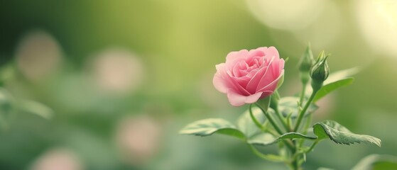 Obraz premium A pink flower with distinct green leaves in the foreground, softly blurred background of identical pink flowers