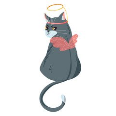 Valentines Day. Cartoon grey cat with wings and halo. Funny cupid. Love Day. Graphic element for website, print, sticker, card. Flat hand drawn vector illustration isolated on white background