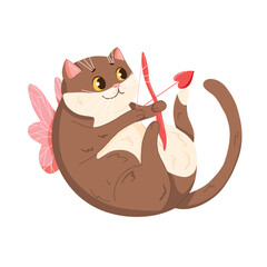 Cartoon brown cat for Valentines Day. Adorable animal. Funny flying cupid. Love Day. Graphic element for website, print, sticker, card. Flat hand drawn vector illustration isolated on white background