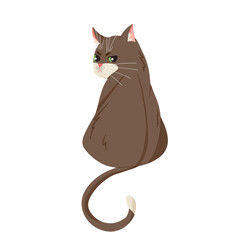 Cartoon grumpy cat. Adorable domestic animal. Fluffy tabby brown pet. Lovely kitten sits. Graphic element for website, print, sticker. Flat hand drawn vector illustration isolated on white background