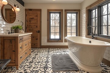 Modern Bathroom with Wood Cabinets, Tub, and Windows