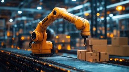 Robotic Arm Placing Packages in Automated Warehouse. Robotic arm places packages in an automated warehouse, symbolizing the future of logistics, automation, and smart supply chain solutions.