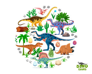 Prehistoric dinosaurs and dino eggs of Jurassic era and funny lizard characters, cartoon vector. Funny dinosaur mothers with eggs of T-rex tyrannosaurus, triceraptors or spinosaurus with pteranodon © Vector Tradition