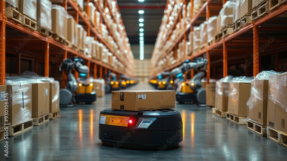 Poster autonomous mobile robot (amr) transporting a package in a warehouse, emphasizing the role of robotic