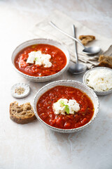 Refreshing strawberry gazpacho with cheese
