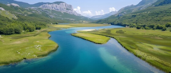 River weaving through verdant valley, mountains backdrop, foreground - lush green landscape