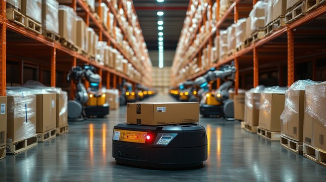 Autonomous mobile robot (AMR) transporting a package in a warehouse, emphasizing the role of robotics in modern logistics and industrial operations.